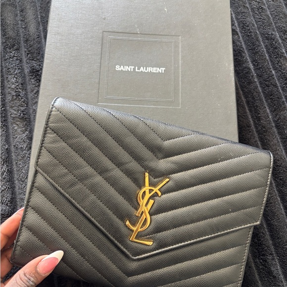 Saint Laurent Black Quilted Leather Clutch with Gold Logo - Picture 3 of 3